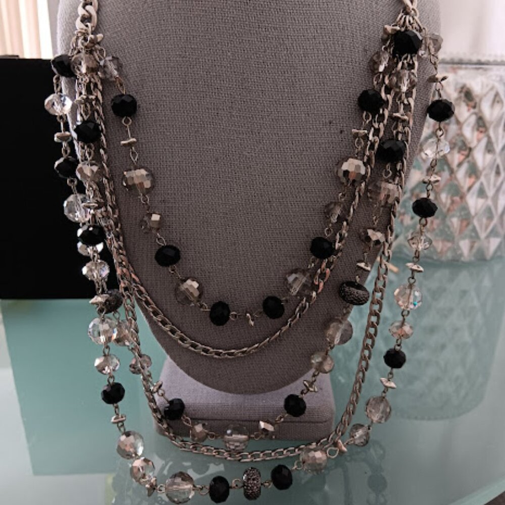 VERA WANG Rocker Chic Silver Black/Gray/Hematite Beads Chain Layered Necklace